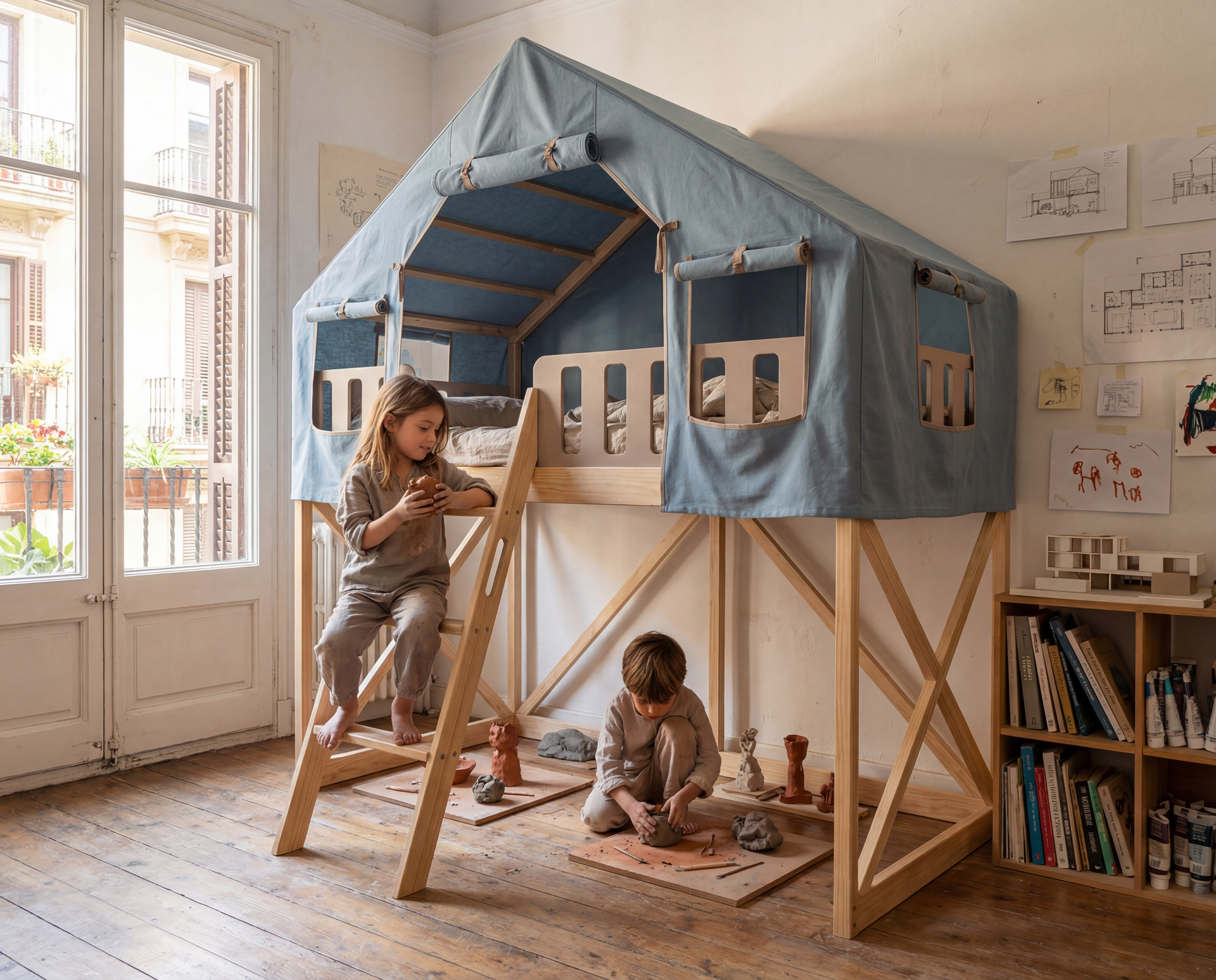 Portal Bed Base — Storage & Play, Blue-Grey Tent